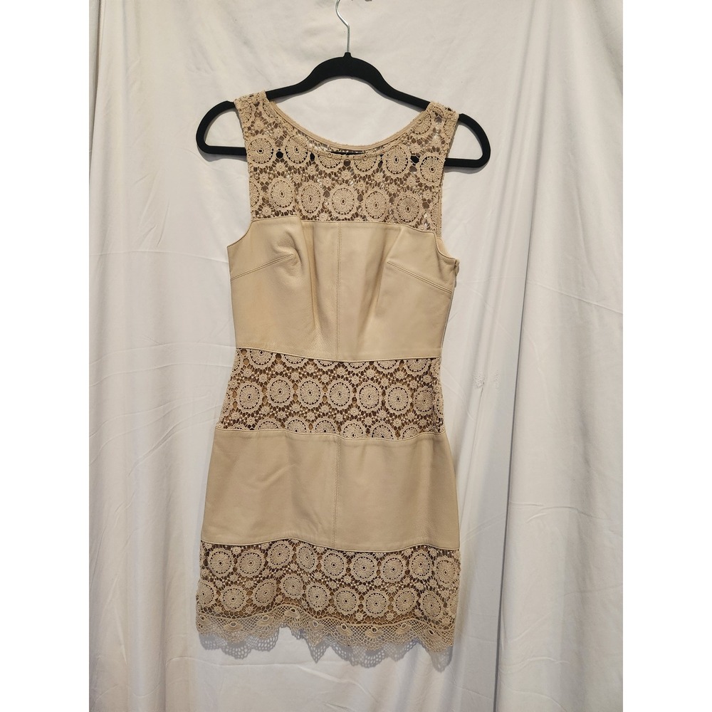 Party Dress Bailey 44 Tan Leather and Crochet Lace Sheath Sleeveless Small